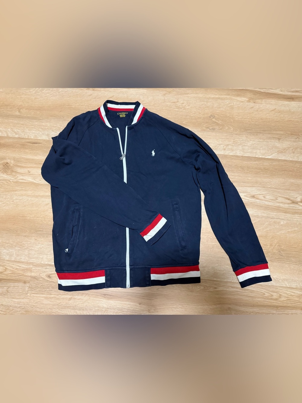 Polo by Ralph Lauren Navy Bomber Jacket with Red & White Stripes